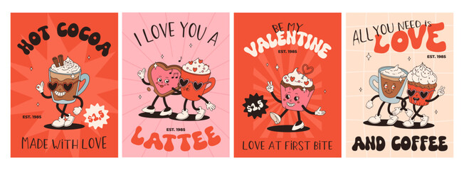 Valentine's Day set of funny vintage characters. Happy and cheerful retro. Old animation 60s 70s, groovy cartoon characters of coffee and sweets, donut, cupcake, espresso, latte, cocoa, cake. present.