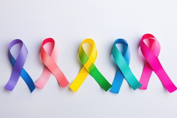 World cancer day. Colorful ribbons, blue, red, green, pink and yellow. Healthcare and medical concept