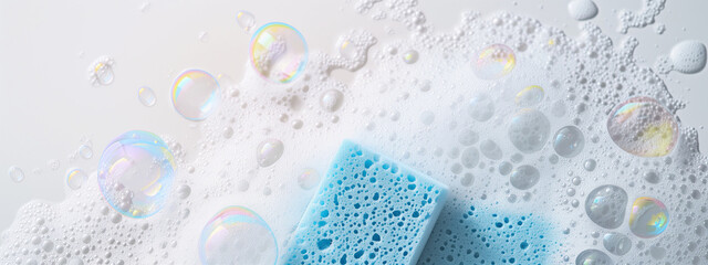 Blue sponge and sparkling soap bubbles on white background. Cleaning concept, banner for eco-friendly article or for cleaning service.