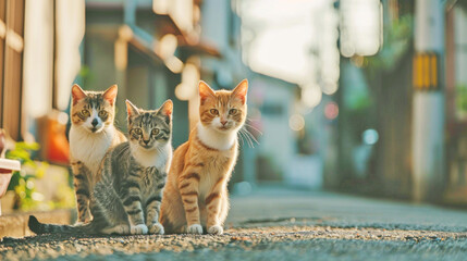 Street cat trio in morning light. AI generated.
