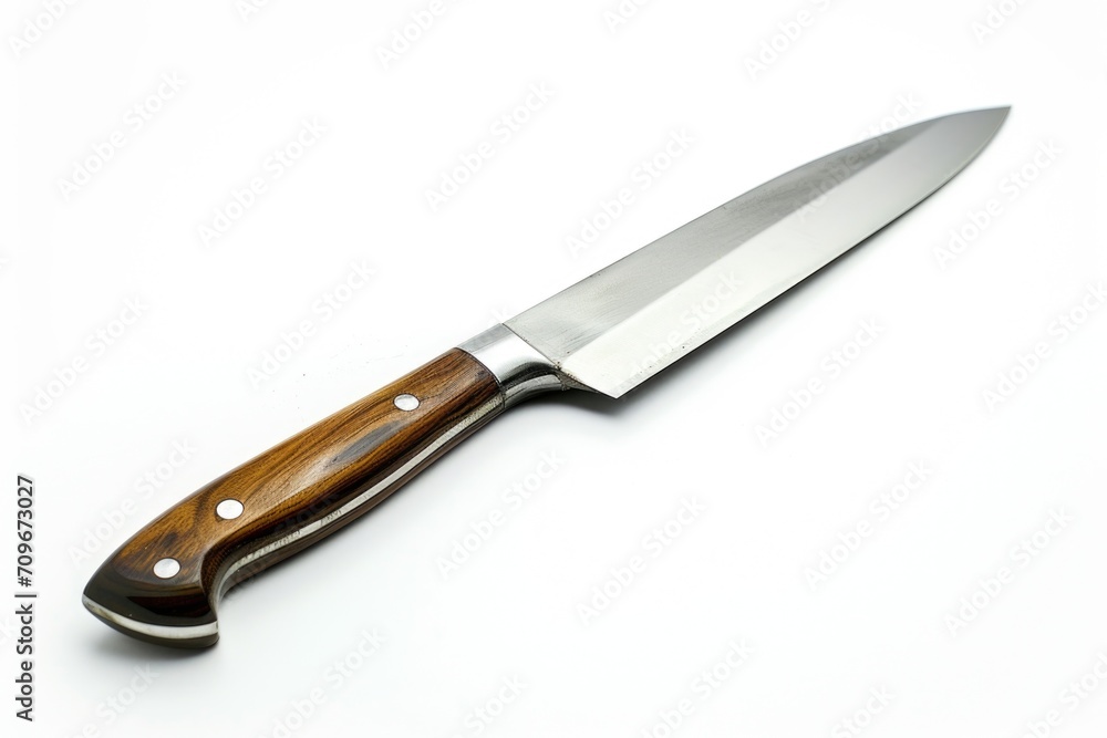 Poster a knife with a wooden handle resting on a clean white surface. this versatile image can be used for 