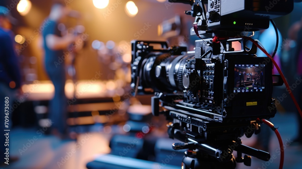 Aufkleber a close-up view of a camera mounted on a tripod. perfect for photographers or videographers looking 