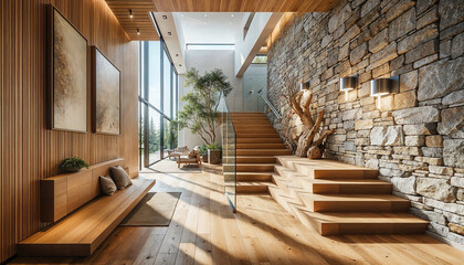 Modern hallway with a stone accent wall, wooden features, and ambient lighting.