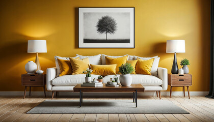 Vibrant living room with yellow accent walls, mid-century furniture, and decorative lamps.