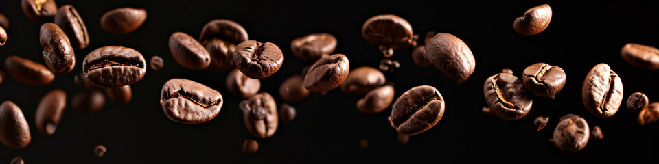 a falling coffee bean banner, roasted coffee bean on the air isolated on a black background, International Coffee Day concept - obrazy, fototapety, plakaty