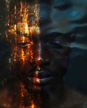 Artistic portrait of black man with warm and cool lighting contrasts. Generative AI image