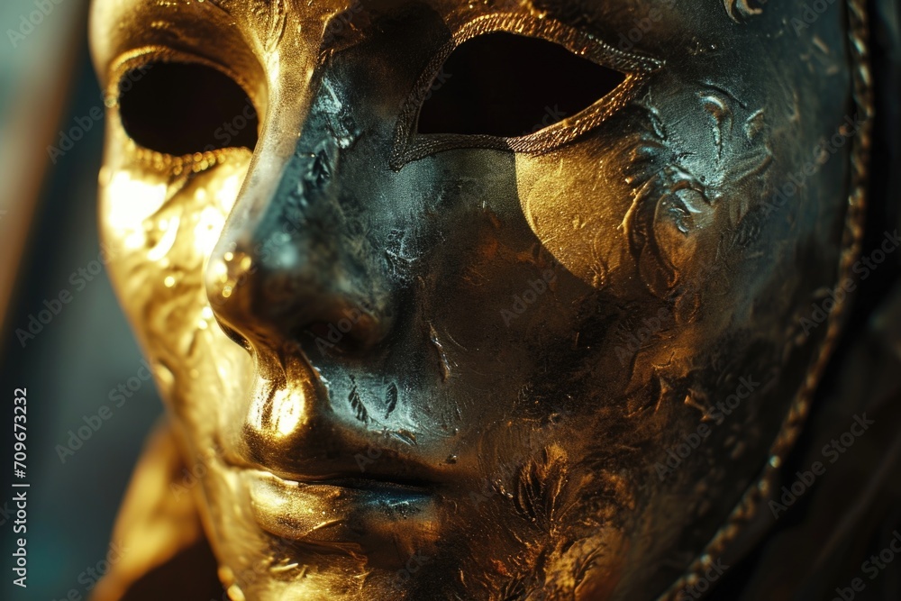 Poster a detailed close-up view of a gold mask with a chain wrapped around it. perfect for adding a touch o