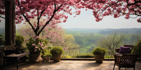 Fototapeta na wymiar An elegant terrace with a breathtaking view of hills, cherry blossoms, and vast nature.