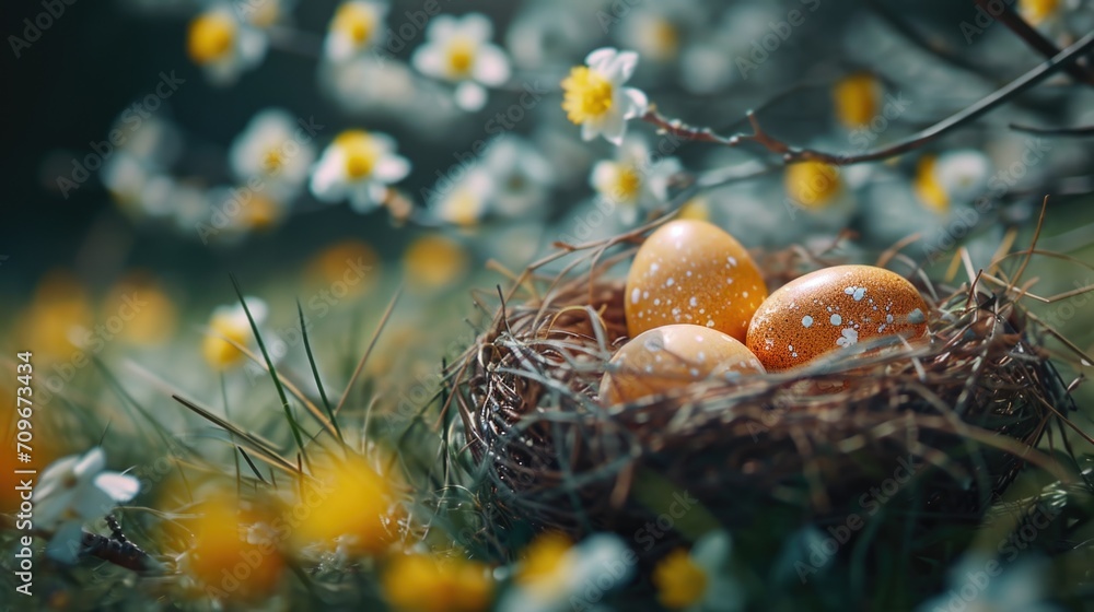 Poster a bird nest with three eggs. perfect for nature and wildlife themes