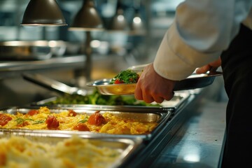 A person serving food in a buffet line. Suitable for catering, events, and food service industries