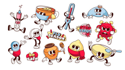 Groovy cartoon characters set of cold and flu treatment. Funny retro stickers of natural remedy to care and heal sick people with flu, cartoon mascots, typography patch of 70s 80s vector illustration