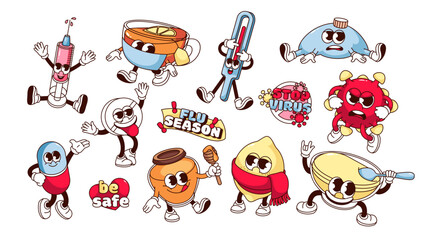 Fototapeta premium Groovy cartoon characters set of cold and flu treatment. Funny retro stickers of natural remedy to care and heal sick people with flu, cartoon mascots, typography patch of 70s 80s vector illustration
