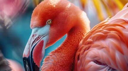 A detailed view of a flamingo's head and neck. Perfect for nature or wildlife-themed designs - obrazy, fototapety, plakaty