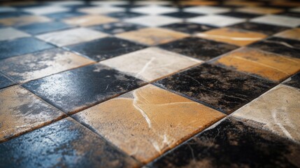 A close up of a black and white checkerboard pattern on a tiled floor. Suitable for interior design or flooring concepts