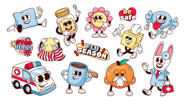 Groovy cartoon sick characters, text stickers for cold and flu treatment. Funny retro collection of ambulance, doctor and mascots with virus and bacteria infection 70s 80s style vector illustration