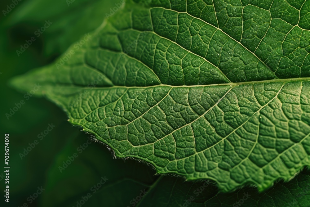 Poster A detailed close-up view of a single leaf on a plant. This image can be used to showcase the intricate details of nature or to illustrate concepts related to botany and the environment