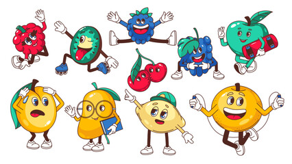 Groovy fruit cartoon characters set. Funny raspberry kiwi cherry apple orange lemon mango. Retro fruit and berry cartoon mascots, food stickers and emoticons of 70s 80s style vector illustration