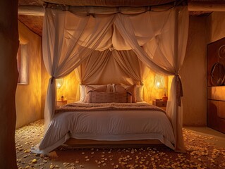 A desert oasis-themed bedroom with a canopy bed, earth-toned linens, soft ambient lighting from terracotta lamps, and a pattern of desert wildflower petals around the bed