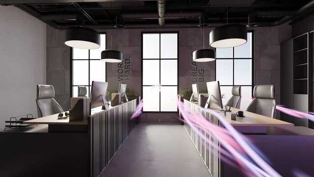 empty modern office with laptop and desk customer care business company meeting room with energy flow 3d animation rendering 