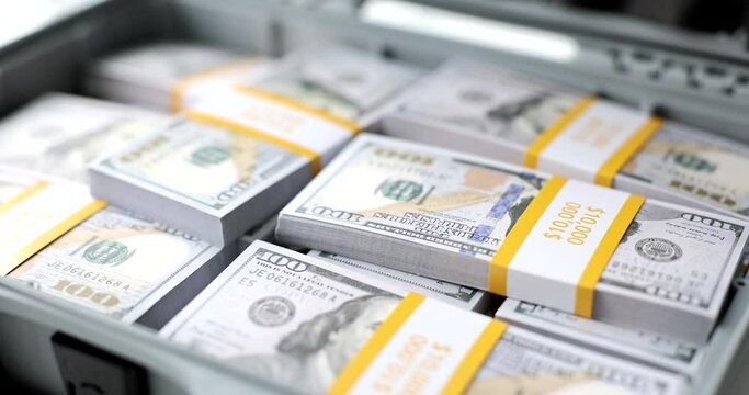Case full of American money wealth and crime. Growth in financial gains or winning the lottery