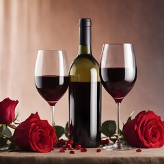 Fototapeta na wymiar Romantic Valentine's Day Wine and Roses Composition