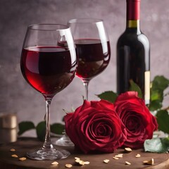Fototapeta na wymiar Romantic Valentine's Day Wine and Roses Composition