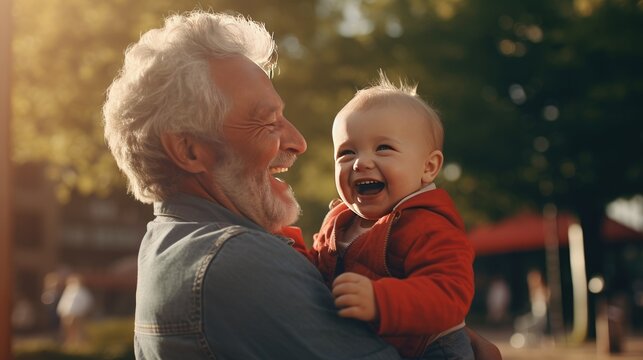 Gray-Haired Grandpa Bonds with Little Grandson in Outdoor Park. Heartwarming Family Holidays, Laughter, and Togetherness. Cherished Moments of Grandfather-Grandchild Connection.