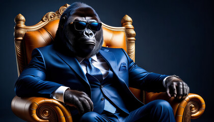 Royal business - gorilla in business suit with sun shades sitting in boss leather chair on blue background