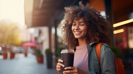 Smiling Curly-Haired Woman in Casual Jacket Enjoying Fresh Detox Vegetable Smoothie. Radiant Joy, Healthy Diet, and Leisurely City Stroll Capture the Vibrancy of a Balanced Lifestyle - obrazy, fototapety, plakaty