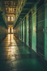 A long hallway inside a jail cell block. This image can be used to depict prison, incarceration, or law enforcement