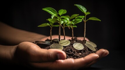 Sapling Emerging from Hand Grasping Silver Coins. Illustrating Green Business Concepts for Finance and Investment. Symbolic Image of Carbon Credits and Eco-Friendly Taxation Strategies for a Greener - obrazy, fototapety, plakaty