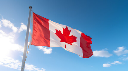 a close-up of a Canadian flag blowing in the wind against a clear blue sky, symbolizing national pride on Canada Day 2024