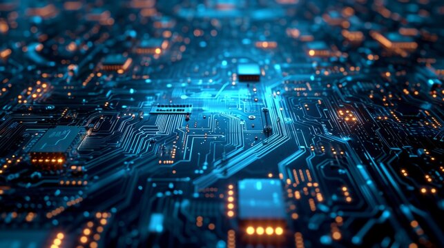 Microcircuit and chips in dark blue tone. Big date processor.