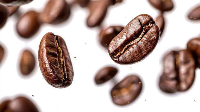 a roasted coffee bean on the air isolated on a white background, a falling coffee bean, International Coffee Day concept