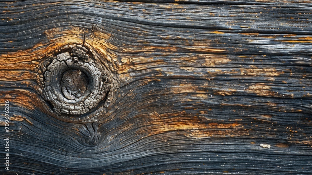Poster A detailed close-up of a piece of wood featuring a hole. This image can be used to depict natural textures and patterns or to symbolize decay and deterioration