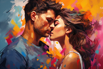 Kissing couple of lovers in pop art style