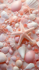 Fototapeta na wymiar A delicate assortment of seashells and a starfish artfully arranged on pastel pink sand, evoking a dreamy beach aesthetic.