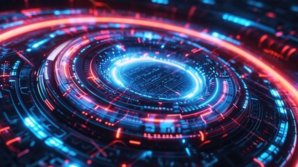 Obraz premium A futuristic circular design featuring red and blue lights. This image can be used to depict a modern and technologically advanced concept