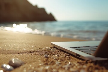 A laptop computer sitting on top of a sandy beach. Perfect for remote work or digital nomads