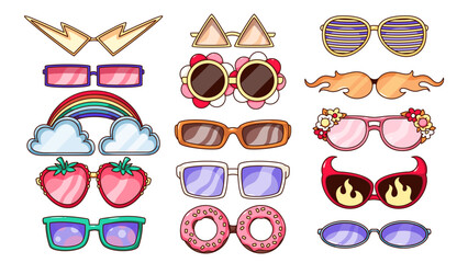 Groovy cartoon sunglasses set in retro hippy style. Funky eyewear with flowers and psychedelic rainbow, heart and fire, round and star shape. Sunglasses cartoon stickers of 60s 70s vector illustration