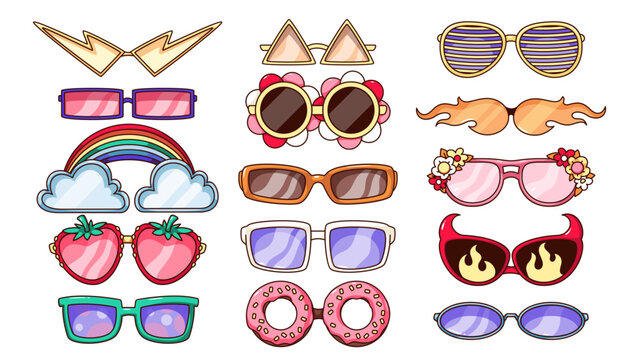 Naklejki Groovy cartoon sunglasses set in retro hippy style. Funky eyewear with flowers and psychedelic rainbow, heart and fire, round and star shape. Sunglasses cartoon stickers of 60s 70s vector illustration