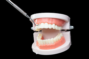 Artificial Tooth Plastic jaw check up decay health with dentist instrument tools. Teeth of dental jaw model open decay area with instrument tools before operation. Black background isolated.