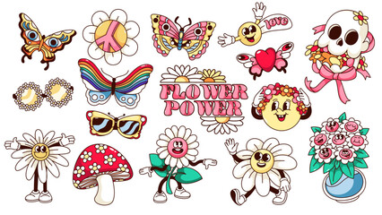 Groovy cartoon butterfly and flowers, set of hippy stickers. Funny retro mascots for hippie party, daisy flowers on van and heart, bag and rainbow. Cartoon emoji of 60s 70s style vector illustration