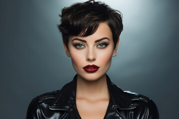 beautiful young woman with short pixie crop hairstyle on a gray background - obrazy, fototapety, plakaty