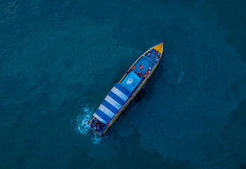 Aerial view with  the  speed of motor boat on open sea view