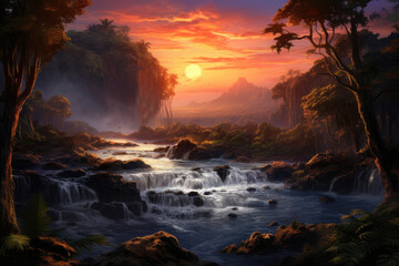 Naklejka premium Tropical scenic waterfall at sunset