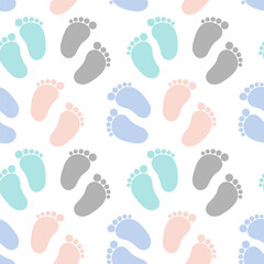 Seamless pattern, baby footprints with hearts on a white background. Background, print, textile, vector