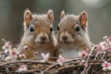 A romantic squirrel pair enjoys a cozy nest adorned with flowers