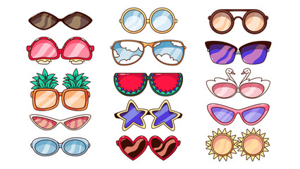 Groovy cartoon sunglasses set. Funny retro summer eyewear with reflection and clouds on glasses, round and cat eyes shape. Hipsters sunglasses cartoon sticker of 60s 70s style vector illustration