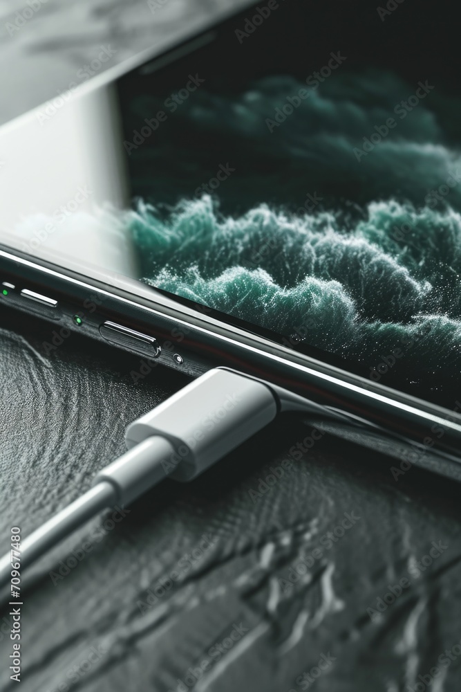 Poster a detailed view of a cell phone with a charging cable. this image can be used to illustrate technolo